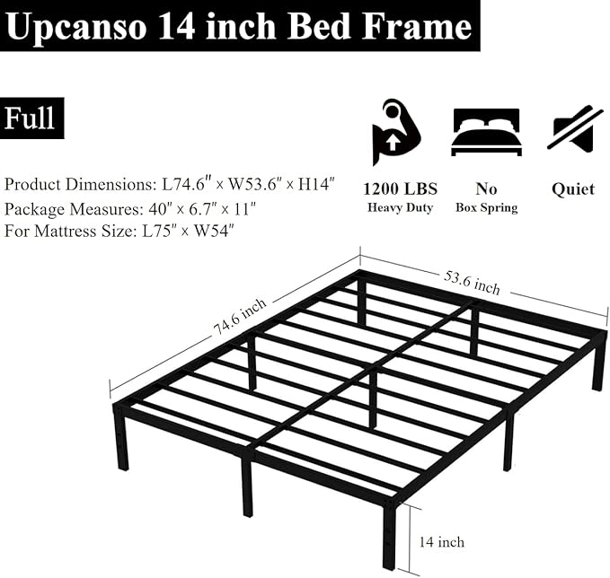 Full Bed Frame No Box Spring Needed, 14 Inch Heavy Duty Metal Platform Bed Frame Full Size with Storage, 2500lbs Steel Slats Support, Easy Assembly, Black