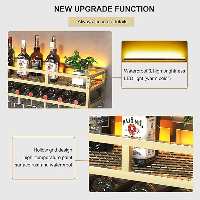 LED Wine Rack Wall Mounted, Industrial Metal Wall Wine Shelf & Glass Holder, Large Floating Shelves Wine Bottle Storage Display Rack for Home Bar Dining Room Decor(Gold, 31.5 x 9.8 x 10.6 inch)