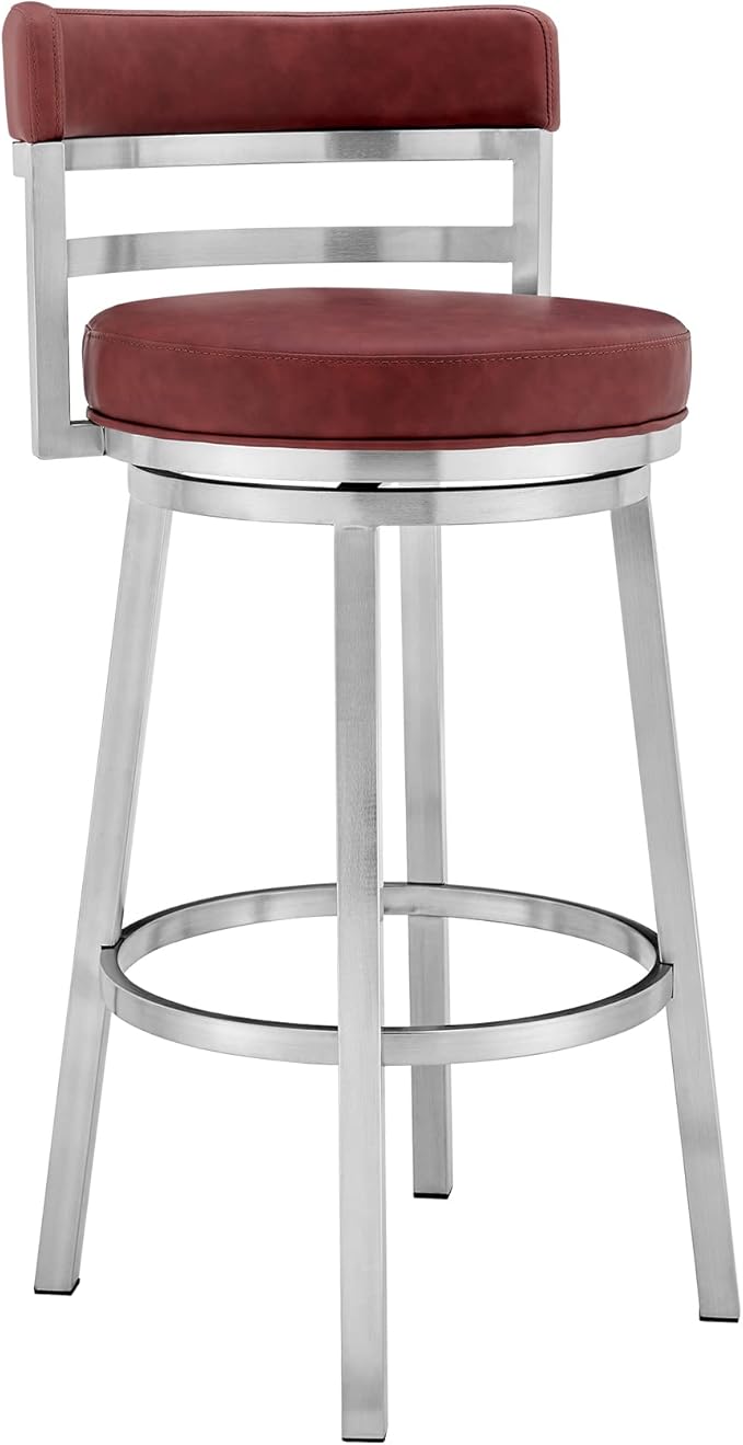 Armen Living Madrid 26" Seat Height Swivel Modern Red Faux Leather and Brushed Stainless Steel Bar Stool for Kitchen Island Counter