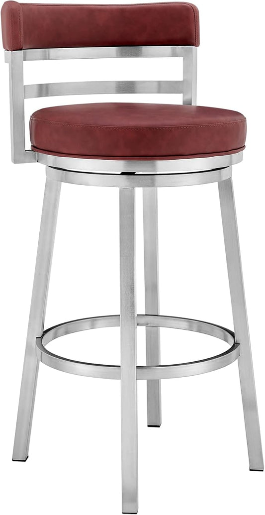 Armen Living Madrid 26" Seat Height Swivel Modern Red Faux Leather and Brushed Stainless Steel Bar Stool for Kitchen Island Counter
