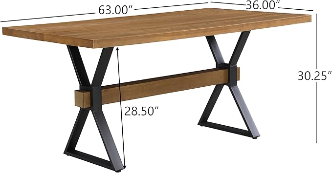 Christopher Knight Home Keyats 63 Inch Dining Table for 6 People, Modern Farmhouse Kitchen Table with X-Shaped Metal Legs, Rectangular Dinner Furniture for Dining Room, Home Office, Brown