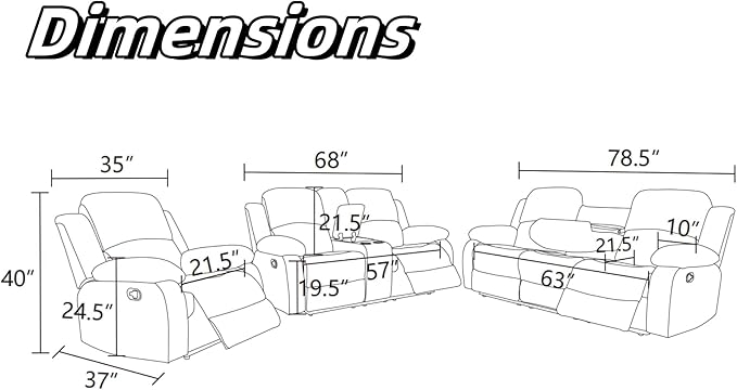 Recliner Sofa Couch, 3-Seater Home Theater Seating Reclining Sofa, Power Reclining Couch with Cup Holders & Drop Down Table for Living Room Furniture Sets, Brown