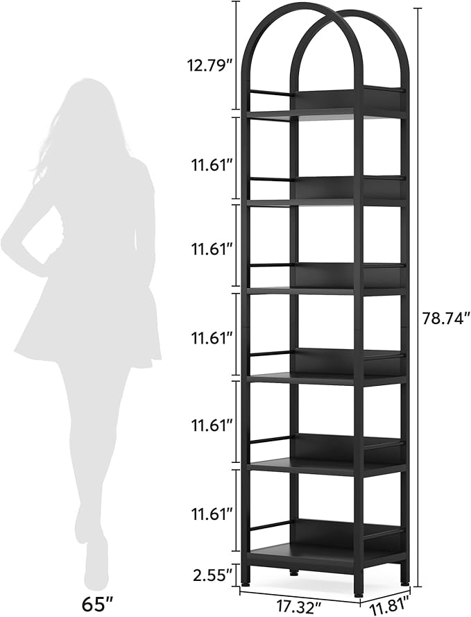 LITTLE TREE 6-Tier Open Bookshelf Set 2, Freestanding 78.7" Tall Arched Bookcase, Black Wooden Bookshelf with Metal Frame, Narrow Bookcase Display Shelves for Living Room, Bedroom, Office