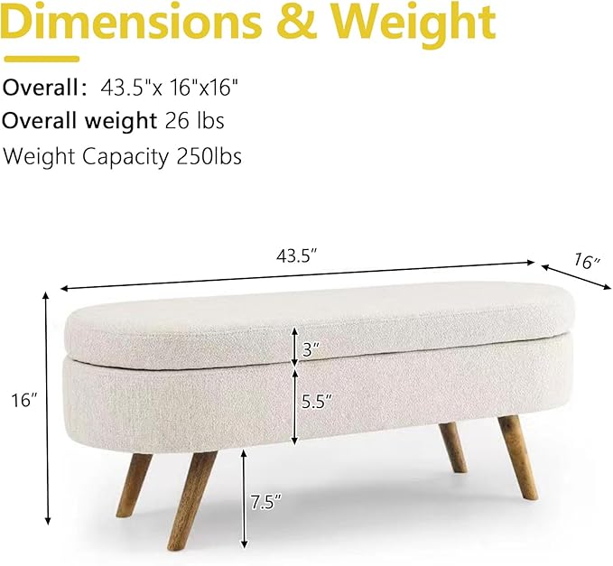 NicBex Ottoman Bench with Storage for Bedroom, 43.5" Upholstered End of Bed Bench with Rubber Wood Legs, Linen Storage Bench for Living Room or Entryway,