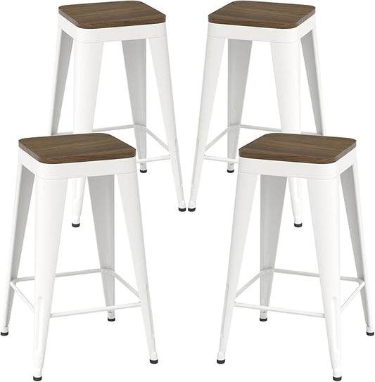 26 inch Backless Bar Stools Set of 4, Indoor Metal Bar Stools with Wood Seat, Industrial Counter Height Barstools for Kitchen Island, White