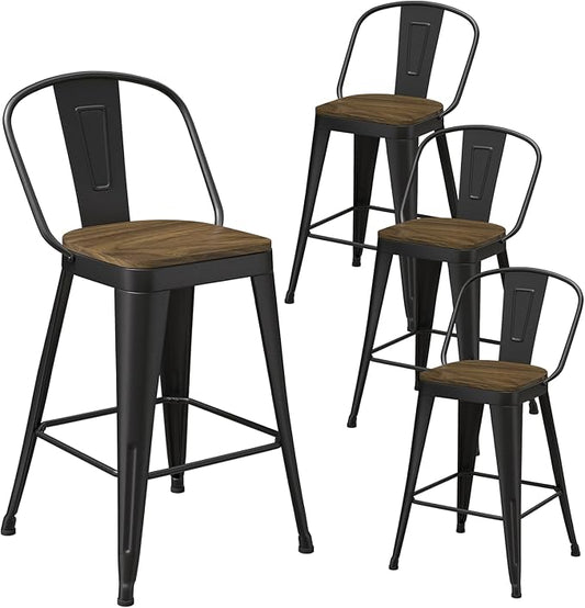 Metal Bar Stools Set of 4, High Back Bar Stools with Wooden Seat, 26 inch Black Barstools for Kitchen Island
