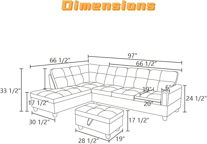 L Shaped Sectional Couch with Otttoman, 97" Sectional Sofa for Living Room Flannel Modular Couches with Cup Holders for Bedroom, Apartments, Black Grey