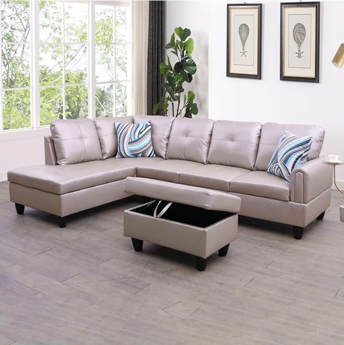 Latte L-Shaped 3-Piece Faux Leather Sofa with Storage Ottoman Set, Sectional Couch Sofa Set for Living Room, Office, Small Space