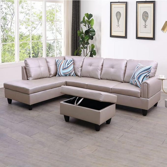 Latte L-Shaped 3-Piece Faux Leather Sofa with Storage Ottoman Set, Sectional Couch Sofa Set for Living Room, Office, Small Space