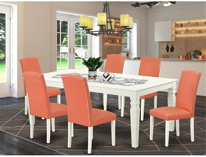 East West Furniture LGEN7-LWH-78 7 Piece Dining Set Consist of a Rectangle Dining Room Table with Butterfly Leaf and 6 Pink Flamingo Faux Leather Upholstered Chairs, 42x84 Inch, Linen White
