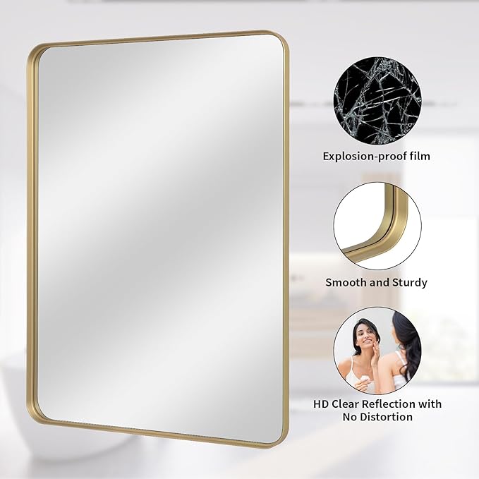 Bathroom Mirror 30x40 inch, Gold Gorgeous Deep Frame Wall Mirror, Modern Round Corner Bathroom Vanity Mirror for Bedroom, Living Room, Hanging or Leaning Horizontal or Vertical, Gold