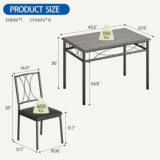 IDEALHOUSE Dining Table Set for 4, Kitchen Table and Chairs Set for 4, Rectangular Kitchen Table Set, 5 Piece Small Dining Table Set with Upholstered Chairs for Apartment, Small Space, Retro Gray