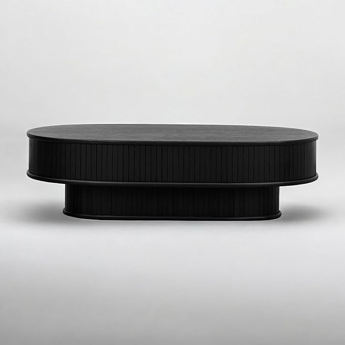 NTC Stream DOU Coffee Table, Modern Double-Layer Oval Wooden Center Table with Vertical Groove Design, Stylish Living Room Decor, Contemporary Minimalist Style, Easy Assembly - Burnt Black