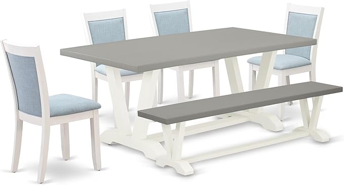 East West Furniture V097MZ015-6 6 Piece Dining Table Set Contains a Rectangle Dining Room Table and 4 Baby Blue Linen Fabric Parson Chairs with a Bench, 40x72 Inch, Multi-Color