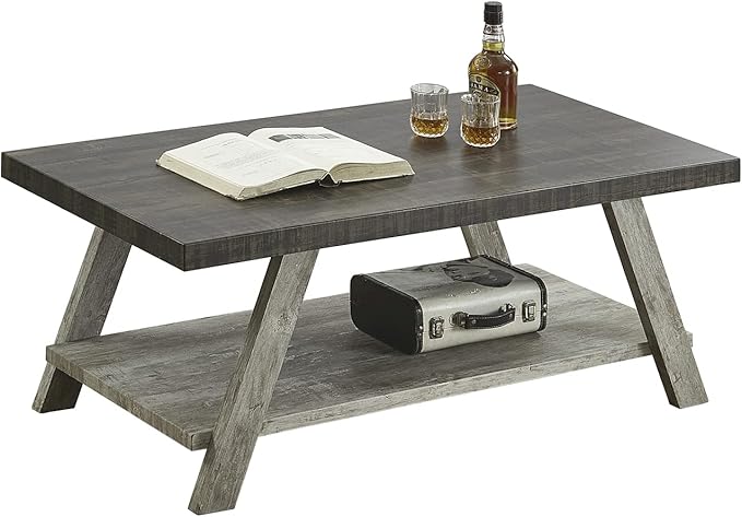 Roundhill Furniture Athens Contemporary Wood Shelf Coffee Table, Weathered Walnut and Gray