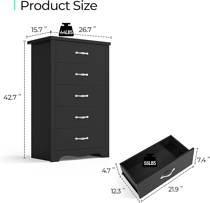 LINSY HOME 5 Drawer Dresser, Black Dresser for Bedroom, Modern Dresser Chest with Wide Drawers, Wood Storage Chest of Drawers for Nursery Kids Room Living Room