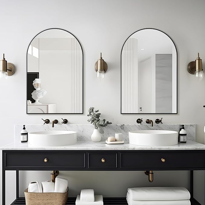 Arched Wall Mirror 20"X30", Black Bathroom Vanity Mirror with Frosted Metal Frame, Modern Farmhouse Mirror Wall Mounted, Curved Arch Design for Bedroom, Living Room & Home Decor