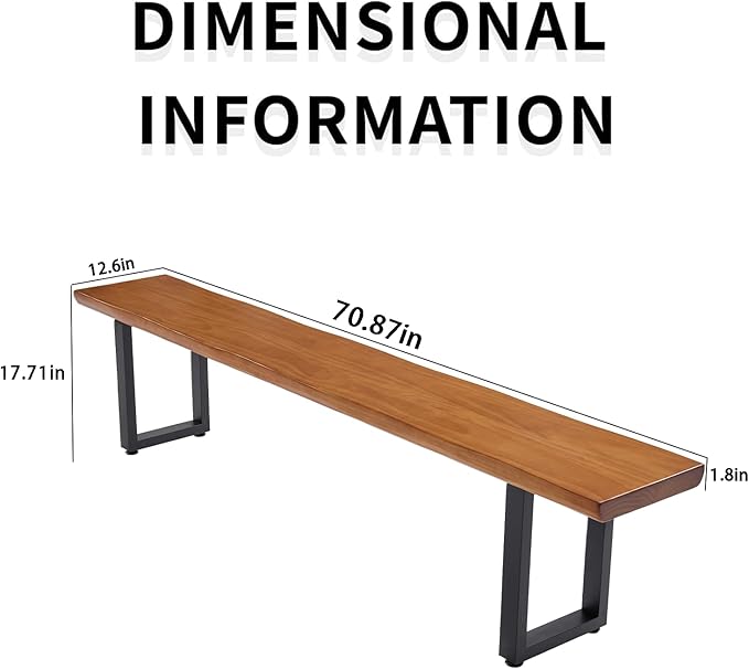 Solid Wood Top Bench with Metal Legs Durable Long Bench for Home Office Living Room Dining Room Versatile Multi Size Options Perfect Chair Stool Dining Bench Dining Chair (Light brown bench, 70.87in)