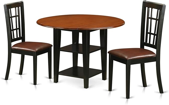 East West Furniture SUNI3-BCH-LC 3 Piece Kitchen Table Set Contains a Round Dining Table with Dropleaf & Shelves and 2 Faux Leather Dining Room Chairs, 42x42 Inch, Black & Cherry