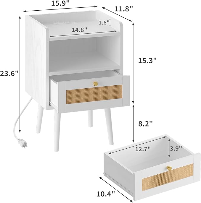 Nightstand Rattan with Charging Station, Mid Century Modern Bed Side Table, Boho End Table with Wood Legs, Bedside Tables for Bedroom Living Room (2, White, 11.8" D x 15.9" W x 23.4" H (1 Drawers))
