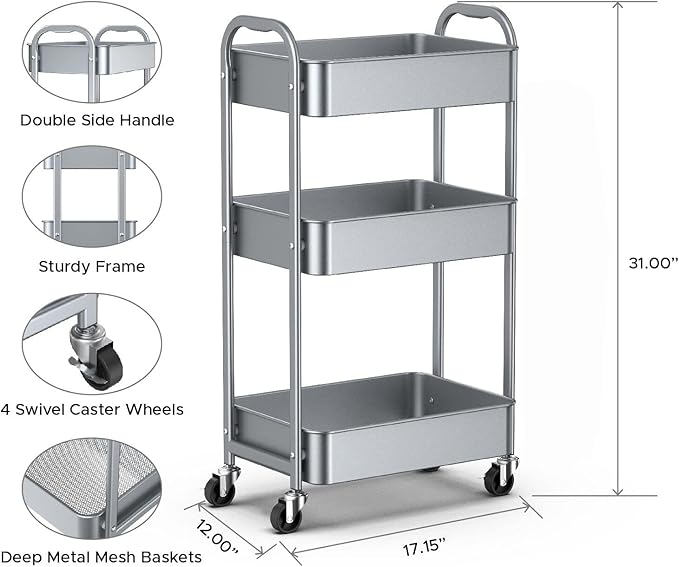 MAX Houser 3-Tier Rolling Utility Cart with Caster Wheels,Easy Assembly, for Kitchen, Bathroom (Silvery-Grey)