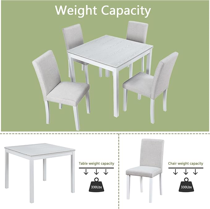 Ball & Cast 5 Piece Dining Table Set,Kitchen Table Set for 4 W/ 34.5" Square Wooden Dining Table,Living Room Furniture W/ 4 Upholstered Chairs,for Dining Room,Kitchen,Restaurant,White