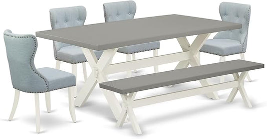 East West Furniture X097SI215-6 6 Piece Dining Set Contains a Rectangle Dining Room Table with X-Legs and 4 Baby Blue Linen Fabric Parson Chairs with a Bench, 40x72 Inch, Multi-Color