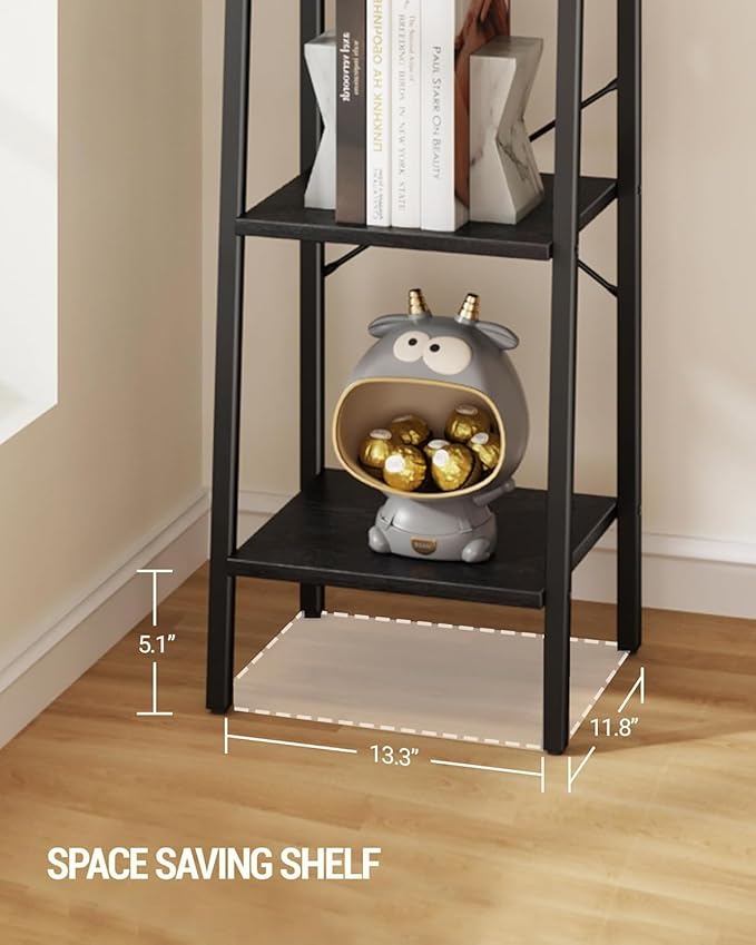 Ladder Shelf, Bookshelf Bookcase, Freestanding Corner Storage Shelve with 2 Hooks for Home Office, Living Room, Kitchen, Bedroom, Industrial, 4-Tier Black BC13204B