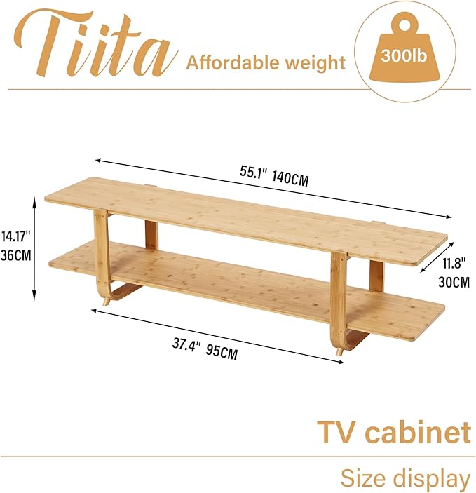 Tiita Bamboo TV Stand for 55 Inch TV, Entertainment Center with 2 Open Shelf, Mid Century Modern Media Console for Living Room, Bedroom, Wood
