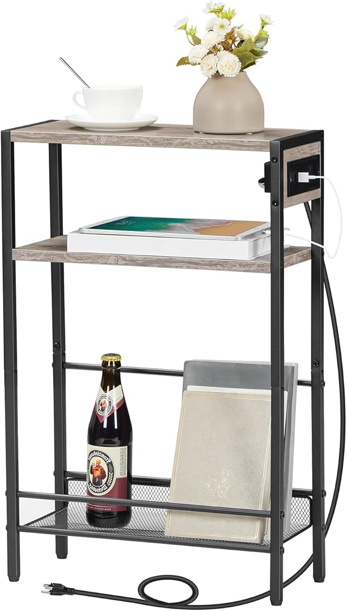 HOOBRO Small Narrow Side Table with Charging Station, Skinny End Table for Small Spaces, Slim Nightstand with USB Ports Outlet, Sofa Beside Table with Storage Shelf, Greige and Black BG102UBZ01