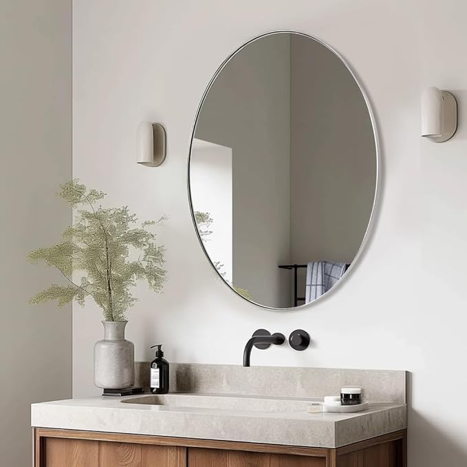 ANDY STAR Chrome Bathroom Mirror, 24x32 Inch Polished Chrome Oval Wall Mirror for Bathroom, Modern Chrome Wall Mirror Pill Shaped Stainless Steel Metal Mirror