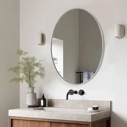 ANDY STAR Chrome Bathroom Mirror, 24x32 Inch Polished Chrome Oval Wall Mirror for Bathroom, Modern Chrome Wall Mirror Pill Shaped Stainless Steel Metal Mirror
