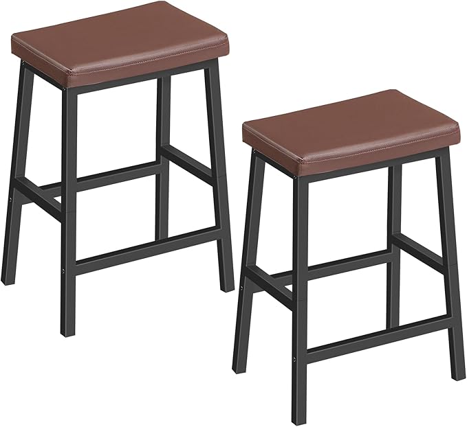 HOOBRO Bar Stools, 24" Set of 2 Bar Chairs, PU Leather Upholstered Breakfast Stools, Easy Assembly, Suitable for Kitchen, Bar, Dining Room, Brown and Black BC01MD01