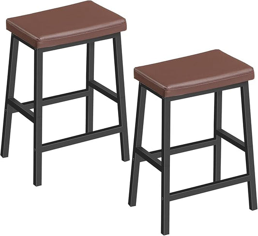 HOOBRO Bar Stools, 24" Set of 2 Bar Chairs, PU Leather Upholstered Breakfast Stools, Easy Assembly, Suitable for Kitchen, Bar, Dining Room, Brown and Black BC01MD01