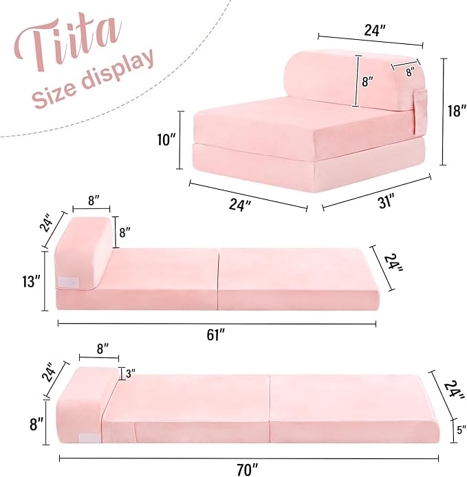 Tiita Folding Sofa Bed for Kids, Toddler Fold Out Couch with Removable Cover, Futon Sleeper Chair for Living Room, Guest Room, Pink