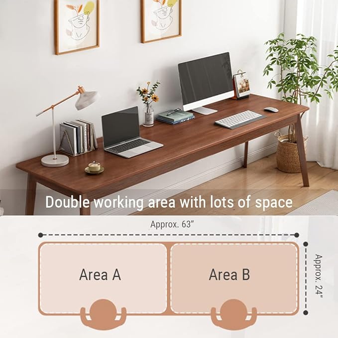 Mid-Century Long Desk Table - 63" Simple Modern Extra Long 2-Person Wood Computer Workstation for Home Office Work in Walnut, 63" W x 24" D