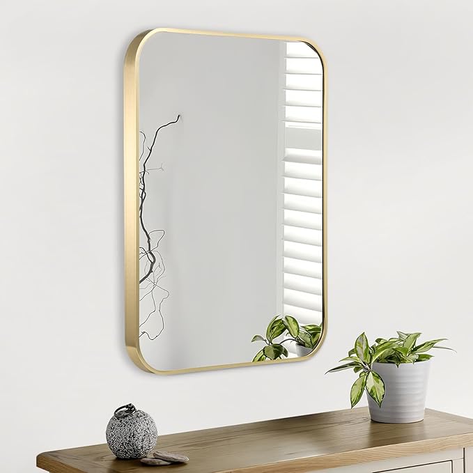 Gold Bathroom Mirror, 20x28 Inch Brushed Gold Mirror, Aluminum Alloy Framed Vanity Mirror, Rounded Rectangle Mirror for Over Sink, Anti-Rust Wall Mirror (Horizontally or Vertically)