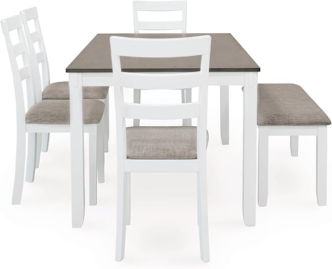 Signature Design by Ashley Stonehollow Modern Farmhouse Dining Table with Upholstered Chairs and Bench, Set of 6, White & Gray