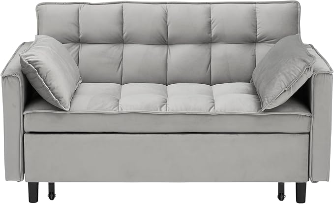 Ball & Cast Velvet Futon Sofa Couch with Pull-Out Bed,3 in 1 Convertible Sleeper Sofa Bed,Convertible Pull Out Couches W/2 Pillows,Adjustable Backrest & Side Pocket,for Living Room,Apartment,Gray,55"