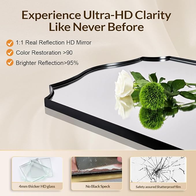 Black Scalloped Vanity Mirror, Matte Black Bathroom Mirrors, Metal Framed Black Wall Mirror, 22x30 Irregular Shaped Mirror, Rectangle Wavy Wall Mirror, Mounted Vertically or Horizontally