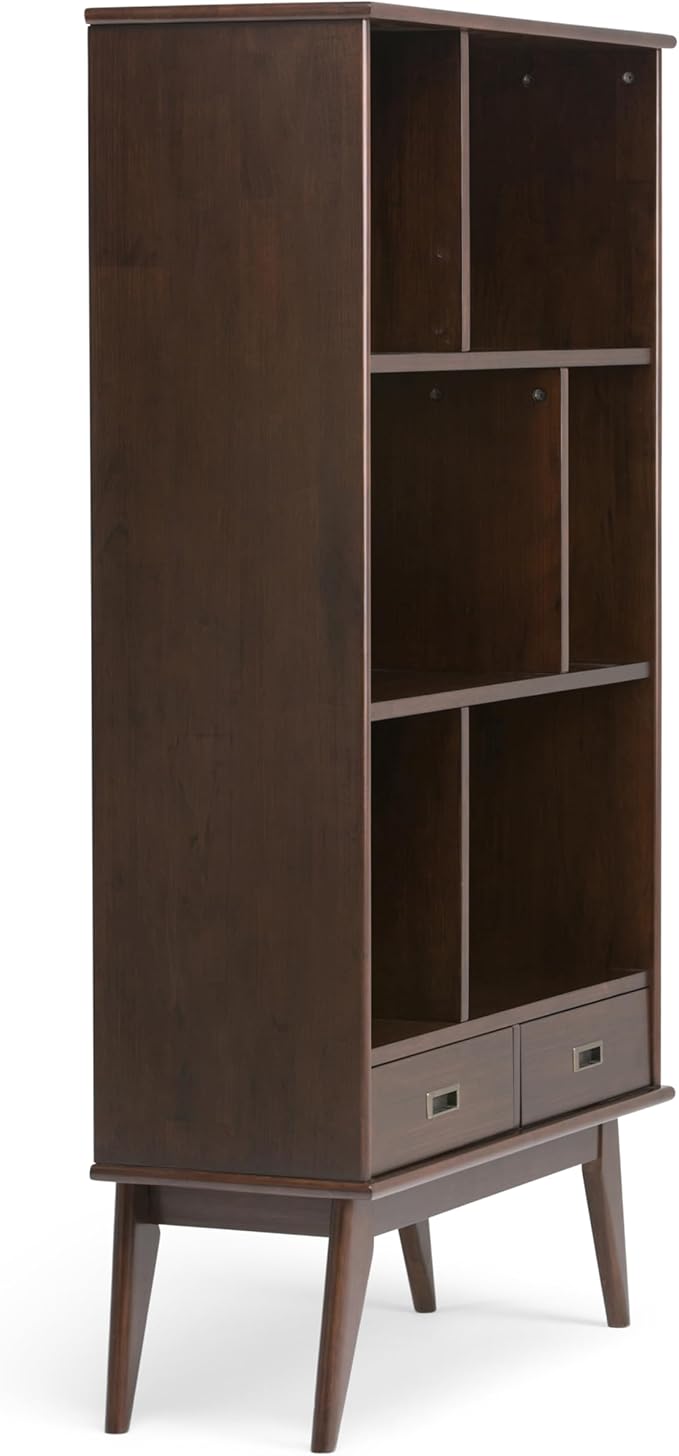 SIMPLIHOME Draper Bookcase - 64 inch Tall Solid Hardwood Wide Storage Bookshelf in Medium Auburn Brown, Mid-Century Modern Storage for Living Room or Office with Adjustable Shelves and Tapered Legs