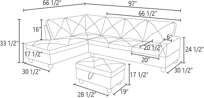 L-Shaped Sectional Sofa with Ottoman, Right-Facing Leather Modern Couch for Living Room, Bedroom, Office, Ginger Black