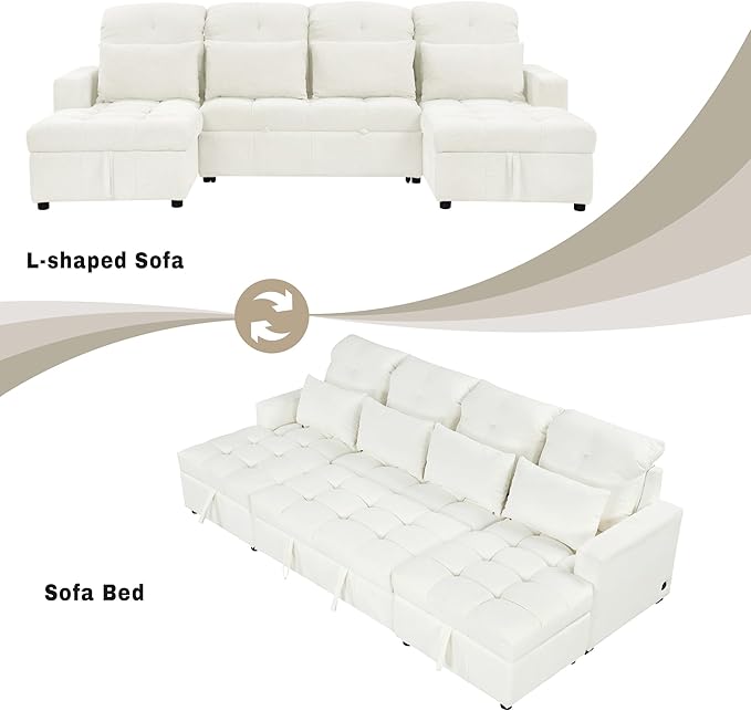 Ball & Cast 110.2" Oversized Versatile Sectional Sleep Sofa with Two USB Ports,U-Shape 4 Seat Pull-Out Couch w/Double Storage Chaise Lounges,for Living Room,Apartment,Office,Beige