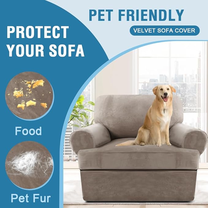 H.VERSAILTEX Sofa Cover 2 Piece Armchair Slipcovers Thick Velvet Couch Cover Furniture Protector Stretch Sofa Covers for 1 Cushion Couch with 1 Individual T Cushion Covers Washable, Taupe