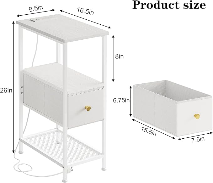 Fixwal Narrow Side Table with Charging Station and LED Light, Skinny Nightstand with 1 Fabric Drawer, Slim End Table for Bedroom, Dorm, Small Space, White