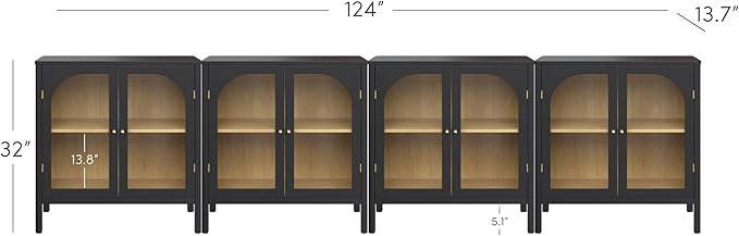 Nathan James Mason Storage Cabinet Accent Sideboard Buffet Credenza TV Stand with Glass Doors and Adjustable Shelf in Black Wood for Dining Room, Entryway and Living Room, Clear Glass/Black, Set of 4