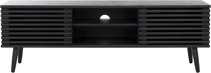 SAFAVIEH Averi TV Stand for up to 65" Flatscreen – Black, 2 Sliding Doors with Interior Storage, 2 Open Shelves, Entertainment Media Console (MED9637B)