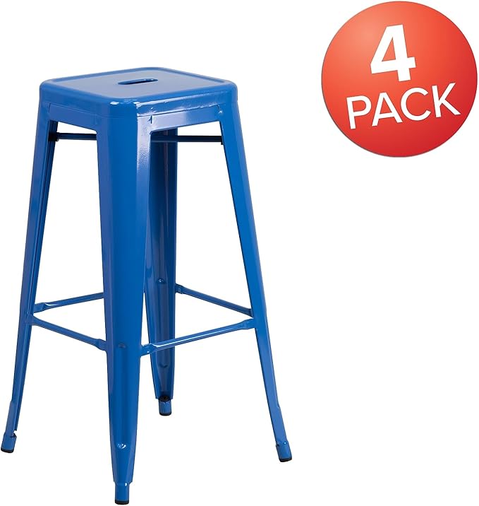 Flash Furniture Lily 4 Pack Commercial Grade 30" High Backless Blue Metal Indoor-Outdoor Barstool with Square Seat