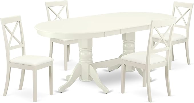 East West Furniture VABO5-LWH-LC 5 Piece Kitchen Table & Chairs Set Includes an Oval Dining Room Table with Butterfly Leaf and 4 Faux Leather Upholstered Chairs, 40x76 Inch, Linen White