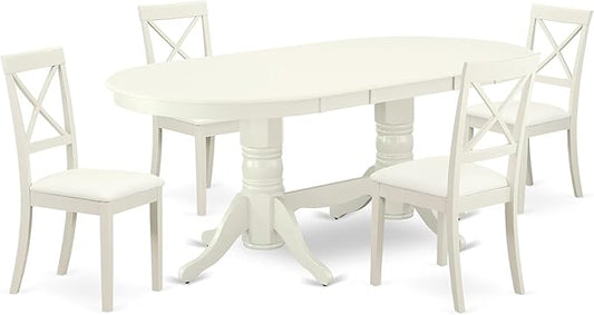 East West Furniture VABO5-LWH-LC 5 Piece Kitchen Table & Chairs Set Includes an Oval Dining Room Table with Butterfly Leaf and 4 Faux Leather Upholstered Chairs, 40x76 Inch, Linen White